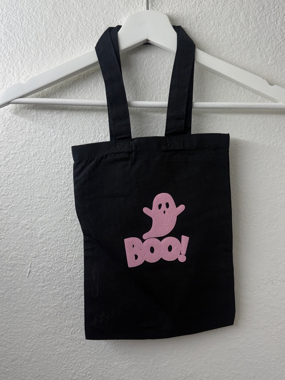 Black Tote Bag with Pink Ghost "BOO" Graphic